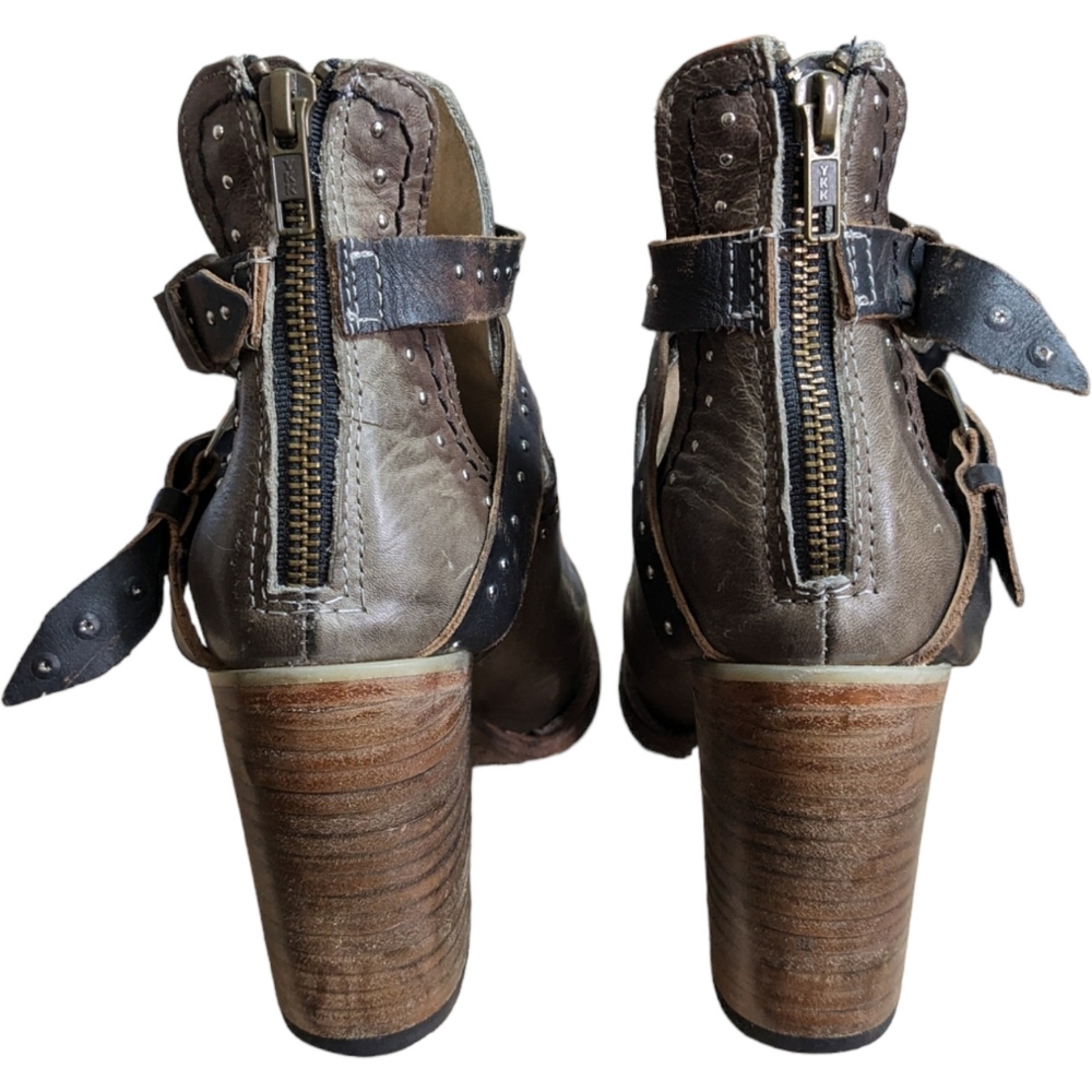 Freebird Lion Rainbow Booties 9 Taupe Brown Leather Strappy Studded Stack Heel - Picture 6 of 15